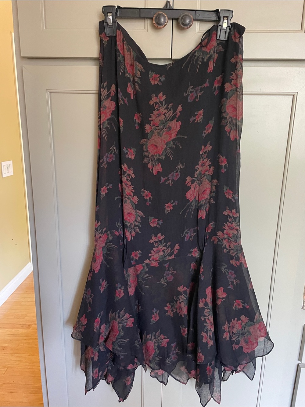 Polo Ralph Lauren Black Floral Chiffon Handkerchief Hem Midi Skirt
